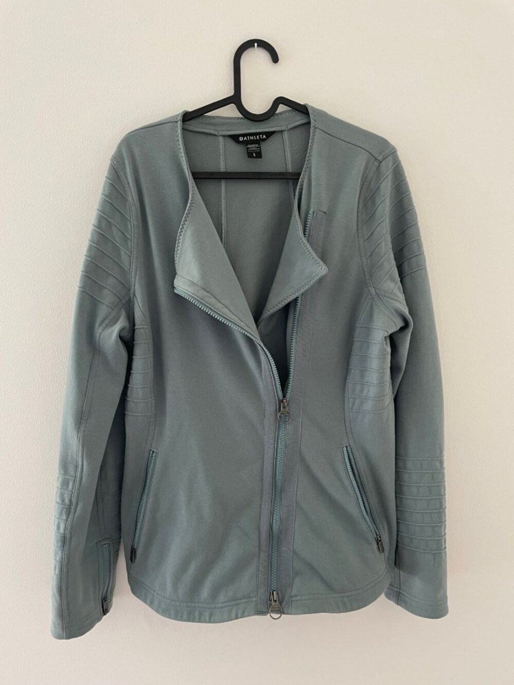 Athleta women's Moto Jacket full zip front, sage green L, inside pockets